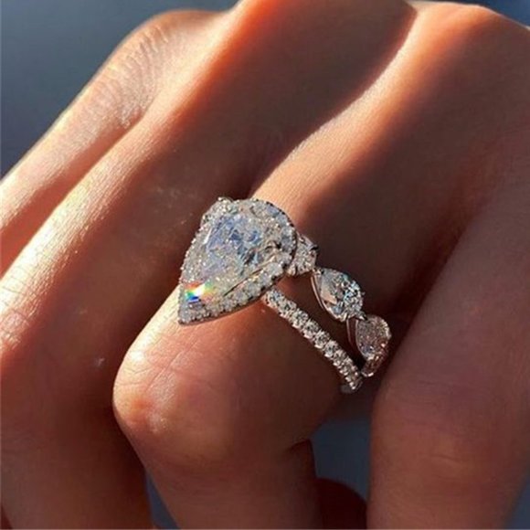 Beautiful Water Drop Bright Zircon Brass Pear Wedding Ring for Women, PD393 - Picture 2 of 6